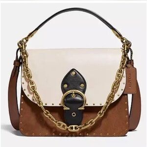 New Coach Beat Shoulder Bag in Colorblock With Rivets Brass/Vintage Khaki Multi